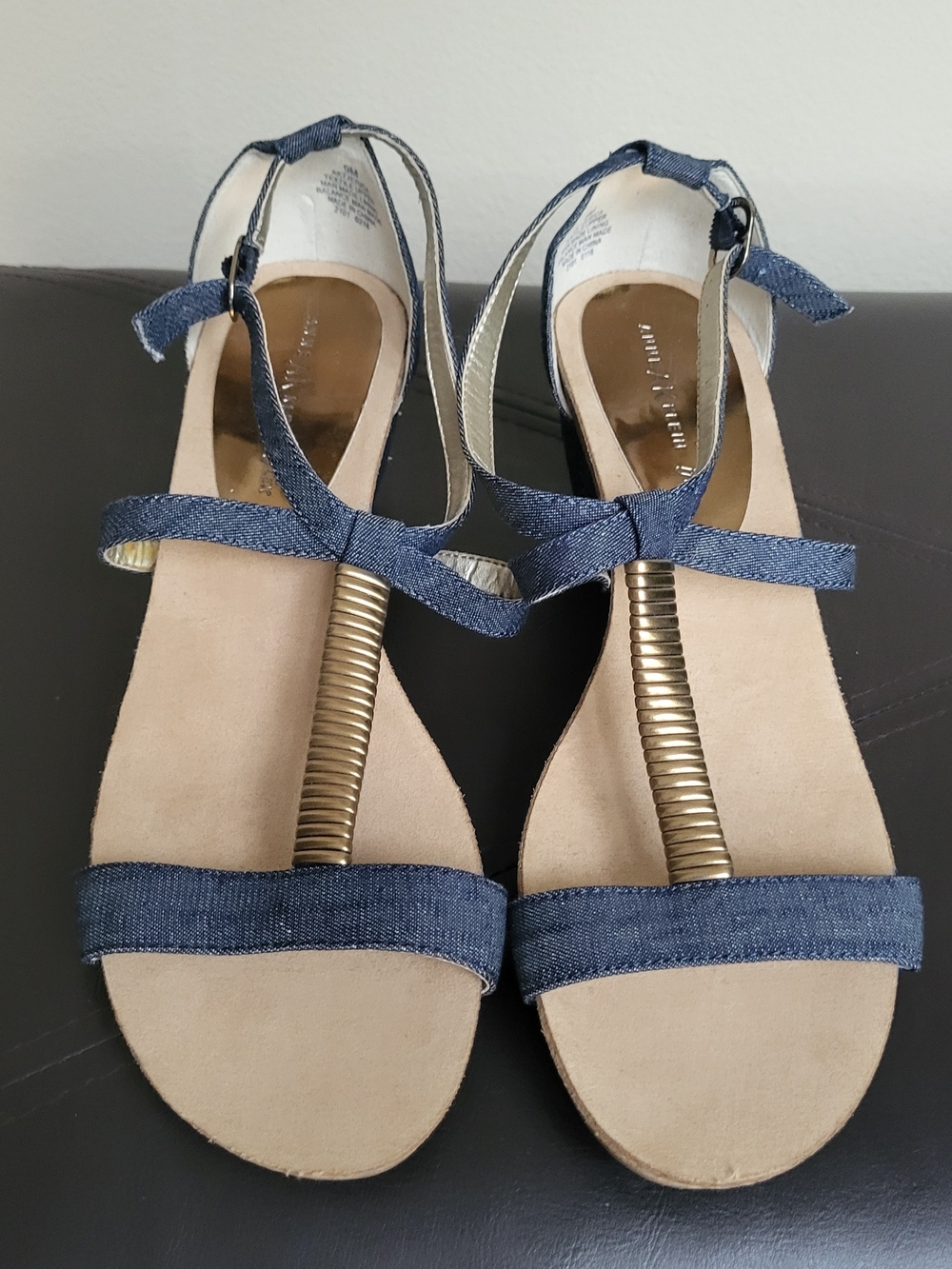 Anne Klein Denim Wedge Sandals with Gold Coil T-strap